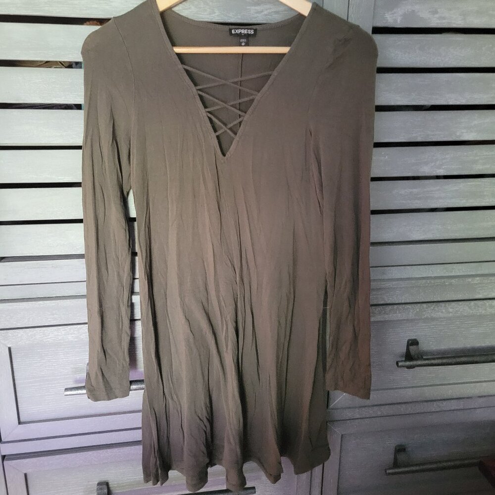 Flowy Olive Green Express Long Sleeve Criss Cross/Lace Up Dress XS